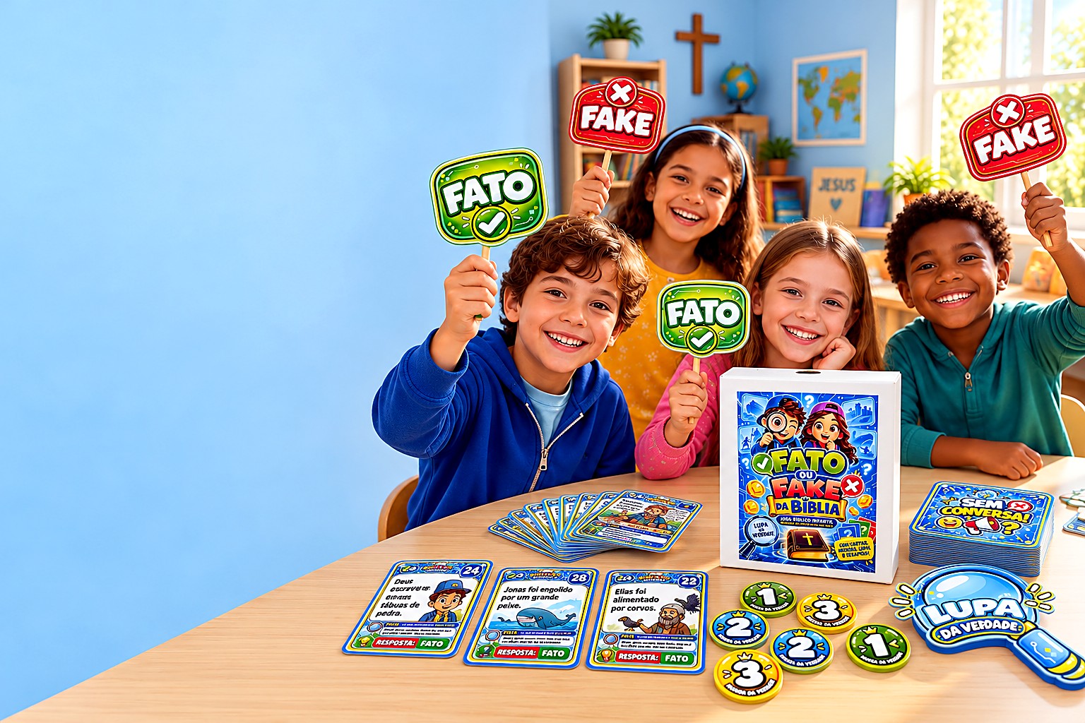 Crianças jogando Fato ou Fake da Bíblia com as plaquinhas FATO e FAKE, as cartas, as moedas e a Lupa da Verdade