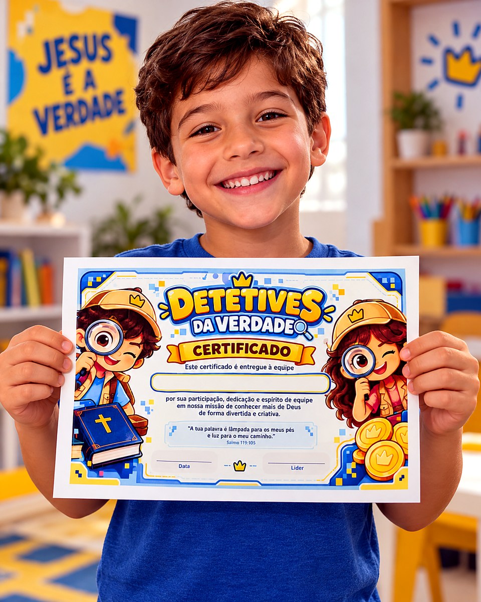 Criança sorrindo segurando o certificado Detetives da Verdade