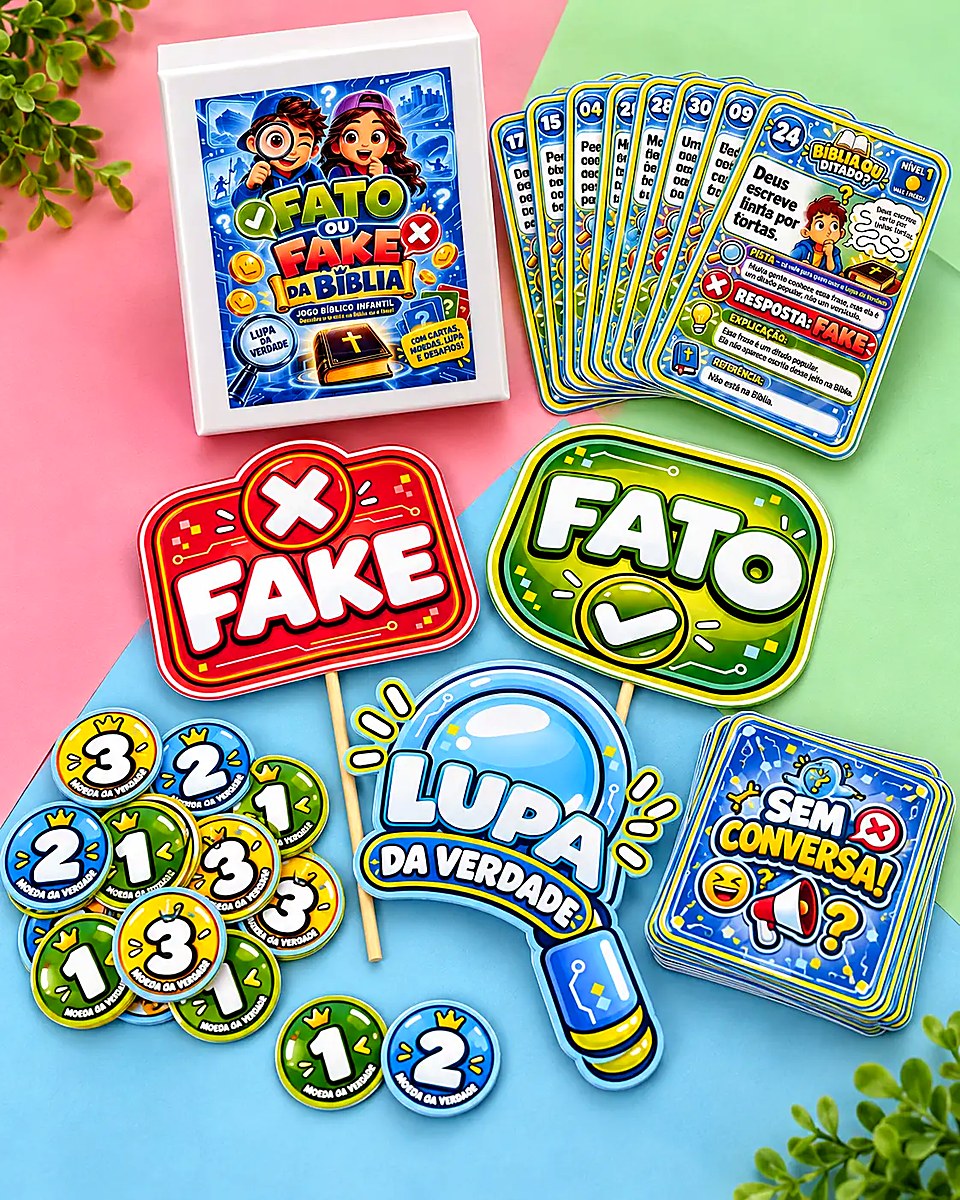 Foto real do kit impresso sobre a mesa: caixinha, cartas, placas FATO e FAKE em palito, Lupa da Verdade e moedas douradas