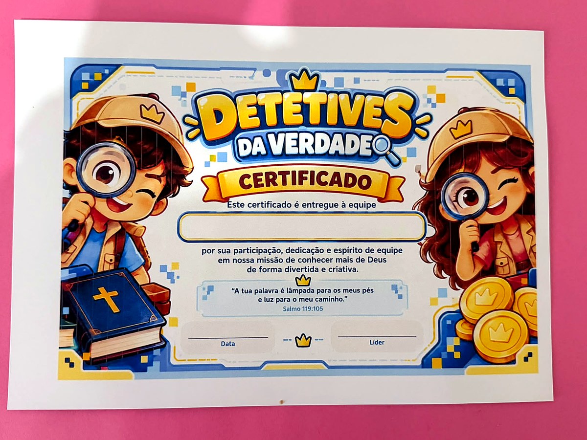 Certificado Detetives da Verdade impresso, com espaço para o nome da equipe, data e líder